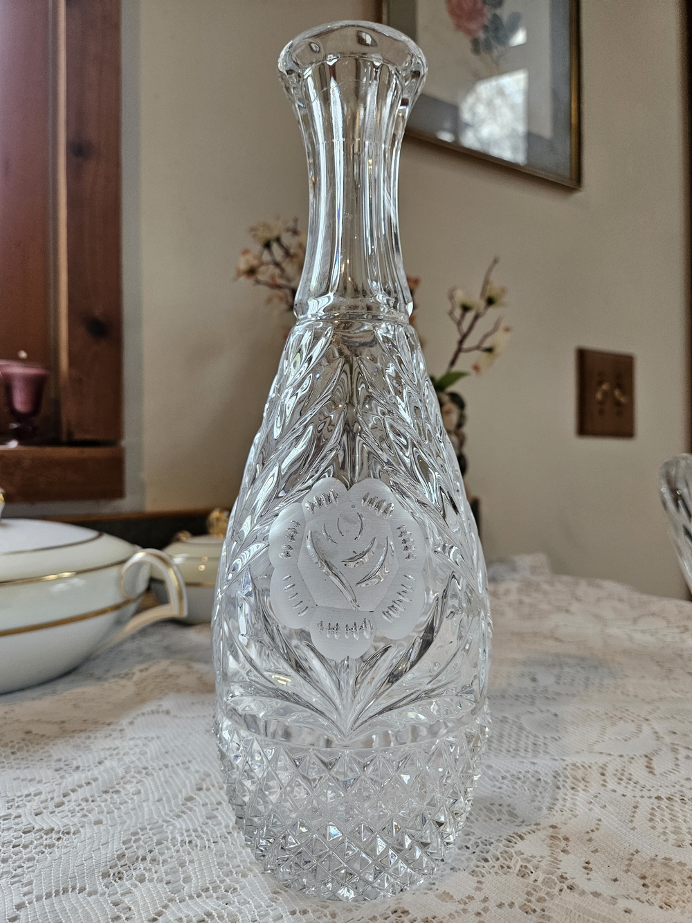 Etched Cut Lead Crystal Bud Vase/Decanter. Picture Of Rainbow In Light. Lovely!